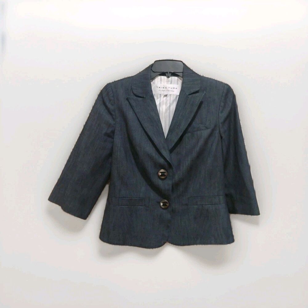 Trina Turk Blazer Jacket Chambray Cotton Blend Blue 3/4 Sleeve Lined Sz 8 EUC